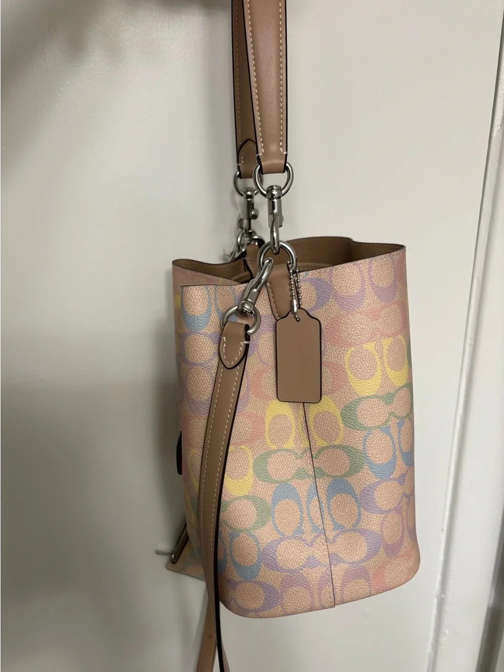 Coach Multicolor rainbow Pastel Signature Drawstring Bucket Bag with Tan Trim